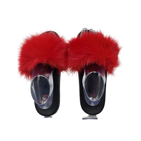 T.S. Womens Slides Size 8/38-39 Red Fluffy Faux Fur Rubber Sandals - Picture 9 of 9